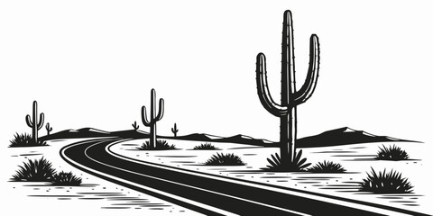 A lone cactus stands tall in the desert, surrounded by winding roads and distant mountains. Vector © Lap