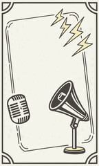 Fototapeta premium A retro-style poster template with a clean, minimalist aesthetic. It features a muted cream background with a subtle speckled texture, framed by a dark, decorative border with curved corners.