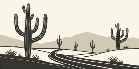 A serene desert landscape with winding roads and tall cacti under a clear sky Vector © Lap