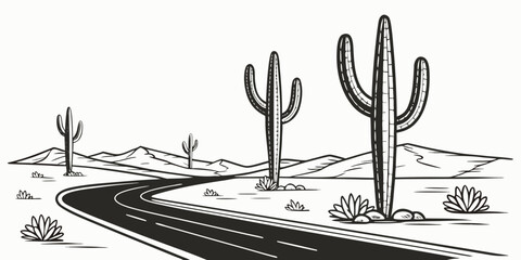 A winding road passes through a desert landscape with tall cacti. Vector © Lap