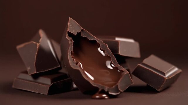 A broken dark chocolate bar with chunks scattered around on a dark background