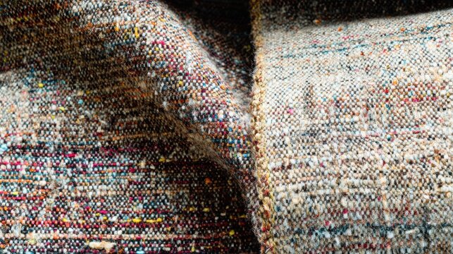 Tweed wool fabric, close up of woven structure with colorful flecks (nep), rustic woolen cloth