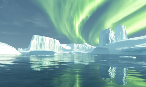 Aurora boreal verde vibrante iluminando o c&eacute;u noturno sobre icebergs flutuantes no oceano &aacute;rtico gelado com reflexos na &aacute;gua.