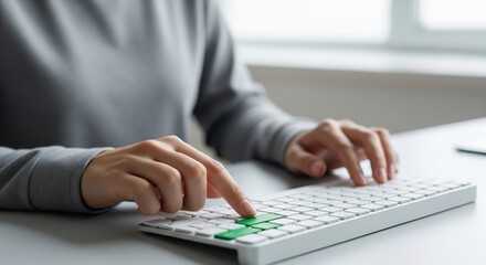 Person typing on white keyboard with green enter keys
