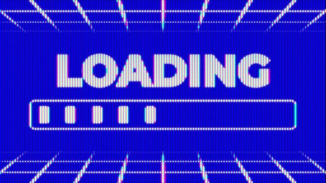 glitch effect, loading screen on blue CRT display, with grid background and progress bar, 4k animation