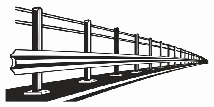 A black and white illustration of a long, straight railway track Vector