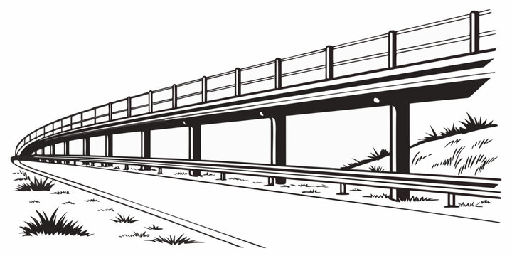 A detailed black and white illustration of a train on a track with multiple carriages Vector