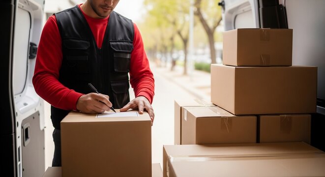 Delivery man labeling packages in van for efficient shipping process