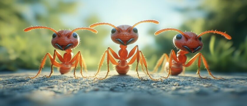 Tr&ecirc;s formigas vermelhas estilizadas com express&otilde;es determinadas em um cen&aacute;rio de natureza macro iluminado pelo sol e fundo verde suave desfocado.