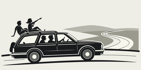 A man is surfing on a car with a skateboard in the middle of the desert. Vector © Hemal