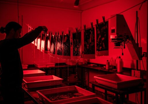 Photographer developing film in a darkroom under red light, creating analog prints.