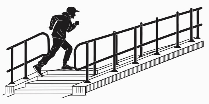 A person running up a set of stairs with a railing on the side. Vector
