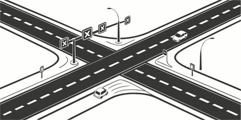 A detailed diagram of a complex intersection with multiple lanes and traffic signals. Vector © Hemal