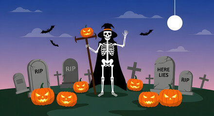 Halloween Night Scene with Skeleton and Pumpkins.