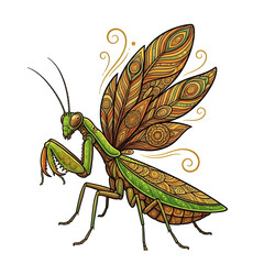 Intricate Praying Mantis Illustration with Ornamental Wings and Body.