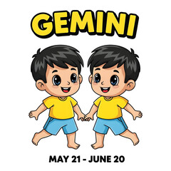 Gemini Zodiac Sign Cartoon Illustration with Twins and Dates.