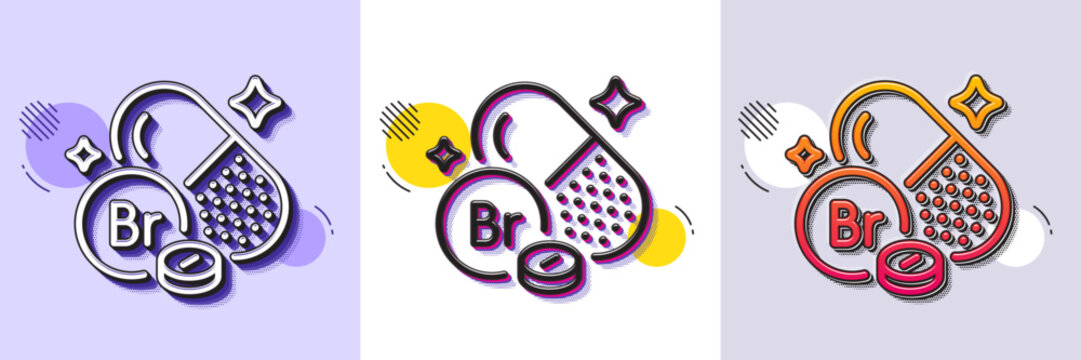 Bromine mineral line icon. Halftone dotted pattern. Gradient icon with grain shadow. Chemical element Br sign. Capsule or pill symbol. Line bromine mineral icon. Various designs. Vector