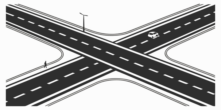 A detailed illustration of a complex intersection with multiple lanes and traffic signals Vector