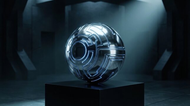 Intricate Glowing Metallic Orb with Circuitry Patterns on a Pedestal