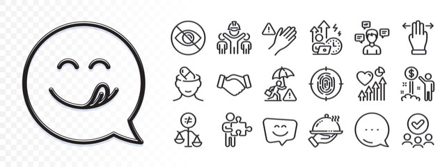 Fototapeta premium Puzzle, Not looking and Multitasking gesture line icons for web app. Glare of light effect. Message icon. Pack of Yummy smile, Approved group, Difficult stress pictogram icons. Vector