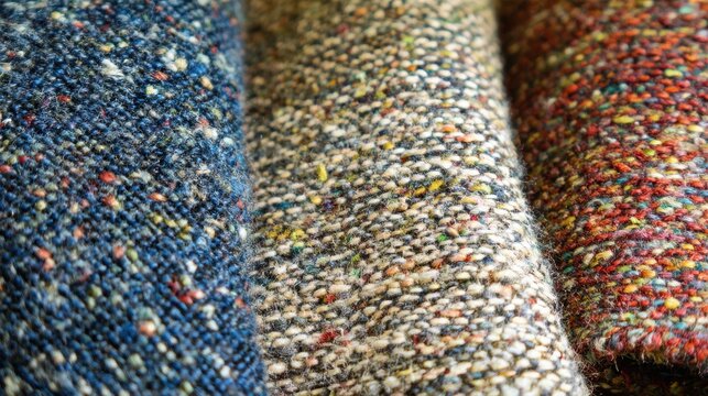 Tweed wool fabric, close up of woven structure with colorful flecks (nep), rustic woolen cloth