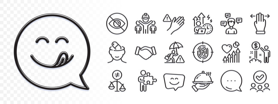 Puzzle, Not looking and Multitasking gesture line icons for web app. Glare of light effect. Message icon. Pack of Yummy smile, Approved group, Difficult stress pictogram icons. Vector