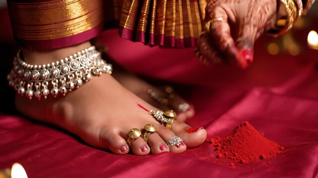 Intricate Henna Patterns Adorn Bare Feet with Silver Anklets and Toe Rings on Rich Red Fabric with Soft Candlelight Glow