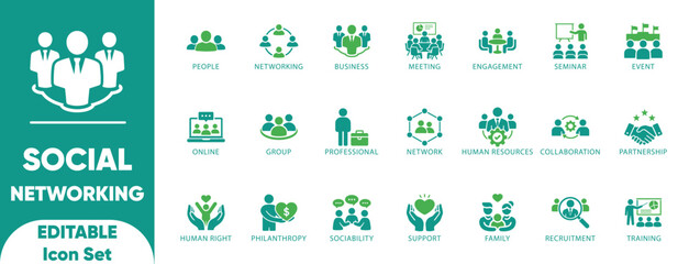 Fototapeta premium Social Networking Solid Icon Set. community, connection, collaboration, meeting, interact, join, meeting, networking, and editable icons. 