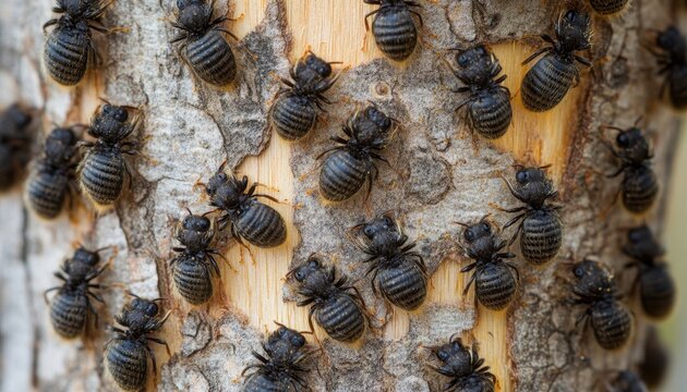 Grande grupo de insetos pretos rastejando sobre a casca de um tronco de &aacute;rvore em uma floresta natural durante o dia ensolarado.