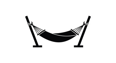 Simple black and white illustration of a hammock suspended between two stands © arfanah02