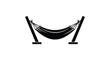 Simple black and white illustration of a hammock suspended between two wooden stands © arfanah02