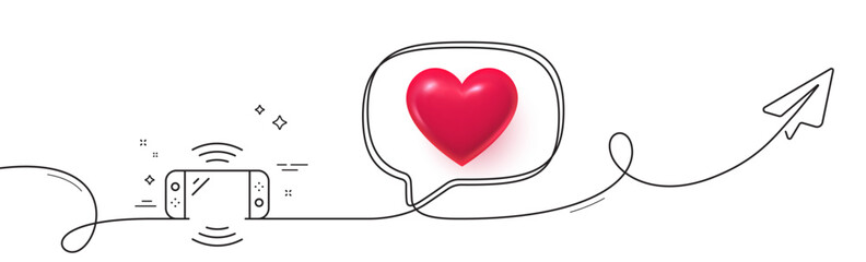 Game console line icon. Continuous line with share plane. Portable gamepad sign. Video joypad dock symbol. 3d heart in speech bubble. Game console single line ribbon. Loop curve pattern. Vector © blankstock