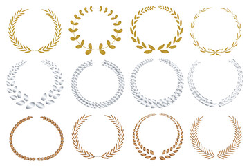 Obraz premium Gold, silver, bronze circular medal and laurel wreath PNG set isolated for award ceremonies, competition ranking, champion recognition, and premium vector designs