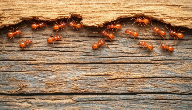 Macro de formigas vermelhas oper&aacute;rias caminhando em fila sobre uma superf&iacute;cie de madeira velha e texturizada, simbolizando trabalho em equipe e uni&atilde;o.