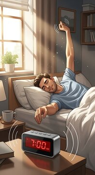 Man Waking Up in Bed with Alarm Clock.