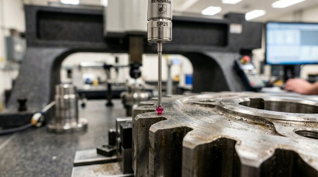 Coordinate measuring machine probe making surface contact with a large metal gear