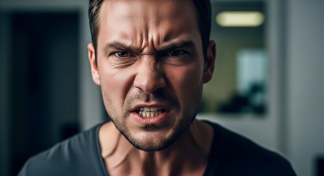 Man's face shows intense anger and frustration with clenched teeth.
