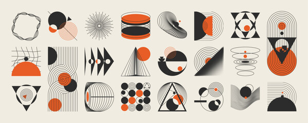 Obraz premium Hand drawn abstract minimal element mid century vector set. Aesthetic contemporary stripe line art, geometric shape in monochrome. Art form design for wall art, decoration, wallpaper