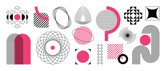 Naklejka na ściany i meble Hand drawn abstract minimal element mid century vector set. Aesthetic contemporary stripe line art, geometric shape in monochrome. Art form design for wall art, decoration, wallpaper