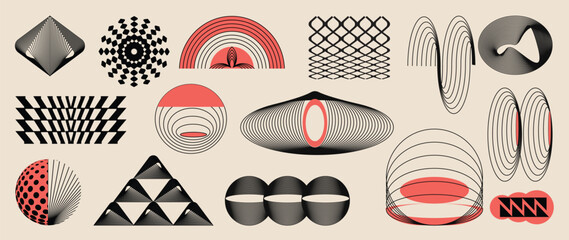 Naklejka na ściany i meble Hand drawn abstract minimal element mid century vector set. Aesthetic contemporary stripe line art, geometric shape in monochrome. Art form design for wall art, decoration, wallpaper