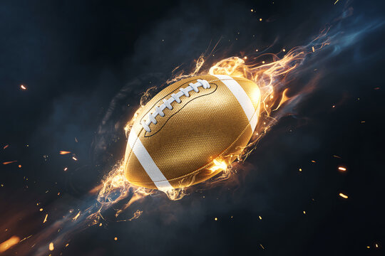 Cinematic American Football on Fire Flying Through Dark Smoky Background with Sparks and Golden Light