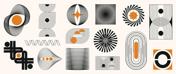 Obraz premium Hand drawn abstract minimal element mid century vector set. Aesthetic contemporary stripe line art, geometric shape in monochrome. Art form design for wall art, decoration, wallpaper