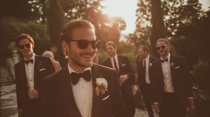 A charming outdoor wedding scene where guests are joyfully enjoying an elegant evening filled with love