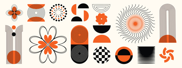 Naklejka na ściany i meble Hand drawn abstract minimal element mid century vector set. Aesthetic contemporary stripe line art, geometric shape in monochrome. Art form design for wall art, decoration, wallpaper