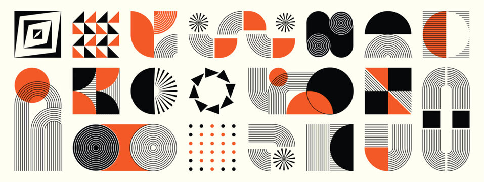 Hand drawn abstract minimal element mid century vector set. Aesthetic contemporary stripe line art, geometric shape in monochrome. Art form design for wall art, decoration, wallpaper