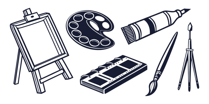 An assortment of art supplies including brushes, paints, and a palette. Vector