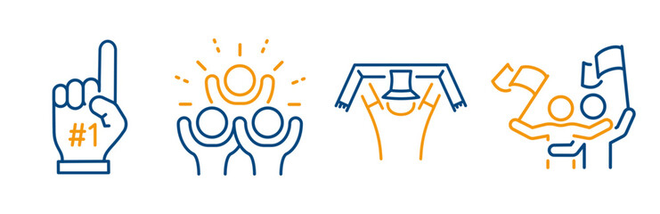 Obraz premium soccer fans, football supporter, happy people with flags, fan with scarf, set of outline icons