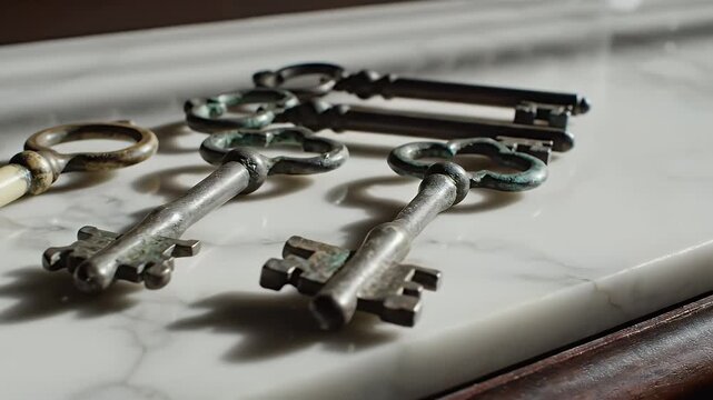 Close-up of a collection of antique skeleton keys resting on a white marble surface, bathed in natural light.