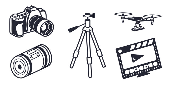 A collection of photography and videography equipment including a camera, tripod, lens, and drone. Vector