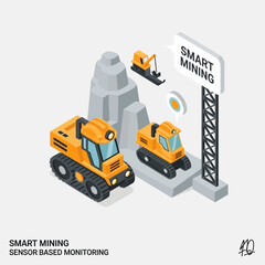 Fototapeta premium Isometric illustration depicting smart mining operations with sensor-based monitoring, featuring yellow tracked excavators, rock formations, and a 'Smart Mining' sign.